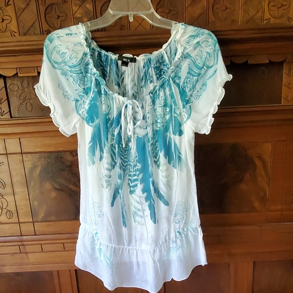 BCX Tops - BCX Peasant Style Blue/Turquoise & White Print Short Sleeve Top S